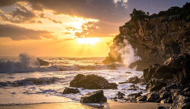 Sunset over rocky coast with breaking wave - Powered by Adobe