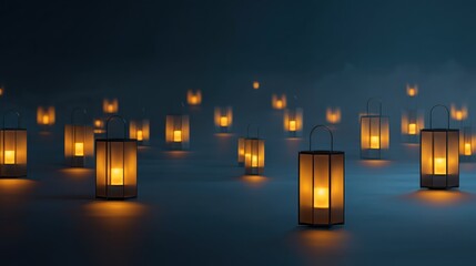 A seamless composition of glowing lanterns floating rhythmically across a dark minimal background lantern sharp ultra-detailed casting accurate