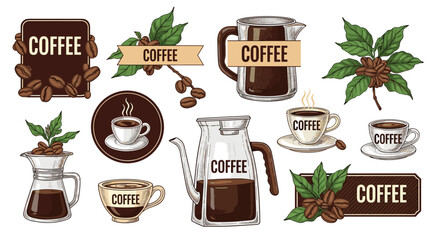 A collection of detailed coffee illustrations featuring beans, plants, steaming cups, and various brewing equipment in a vintage style.