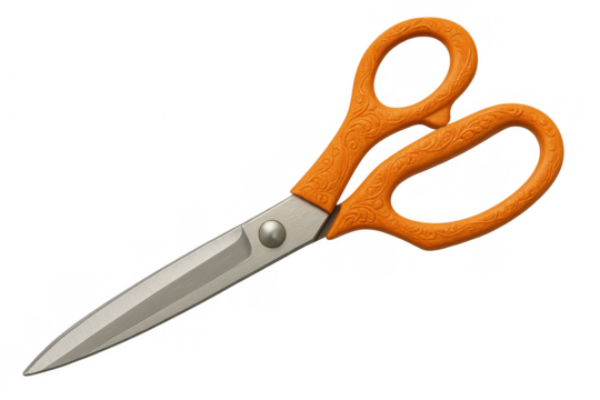 Orange handled scissors with metal blades for cutting fabric paper and crafts on transparent background