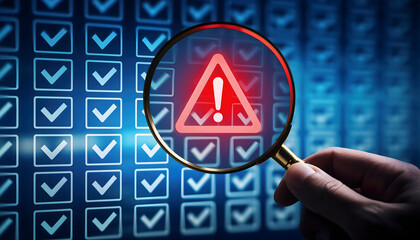 Magnifying Glass Revealing Warning Sign Among Checkmarks