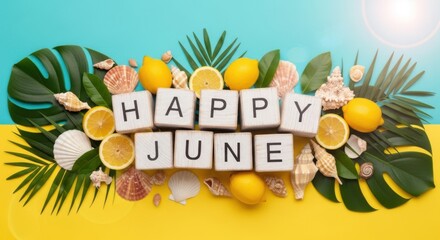Happy june text with lemons, shells, and tropical leaves