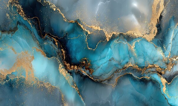 Abstract blue and gold fluid art luxurious background texture
