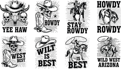 Cowboy wild west vintage vector set, skull horse boot hat illustration, Arizona rodeo, outlaw sheriff typography graphic, western retro. © jamiul