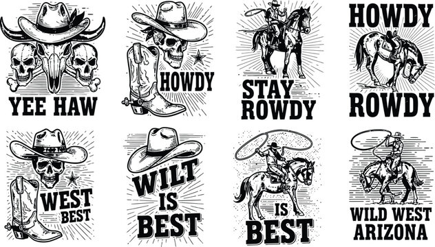 Cowboy wild west vintage vector set, skull horse boot hat illustration, Arizona rodeo, outlaw sheriff typography graphic, western retro.