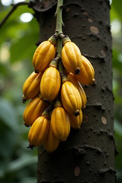 Bright yellow tropical fruit pods growing on a tree trunk in the jungle.