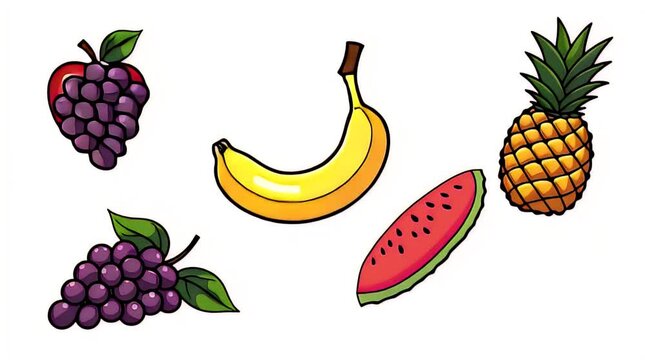 Bold bright vector clipart set of apple, banana, pineapple, grapes, watermelon; thick outlines; vivid colors; clean simple design.