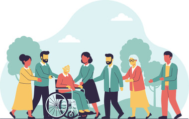 Group of caregivers supporting elderly person in wheelchair, community healthcare vector illustration, happy family, social care, senior assistance.