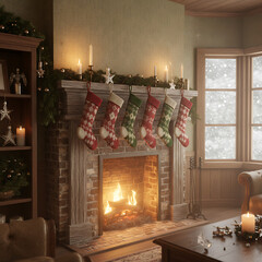 Cozy and warm Christmas living room interior with a lit fireplace, festive stockings hanging on the mantle, and snow falling outside