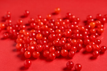 Fresh viburnum berries on red background, closeup