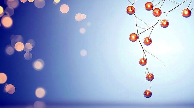 A soft blue background with scattered bokeh lights and a delicate branch adorned with glowing orange orbs. - Powered by Adobe