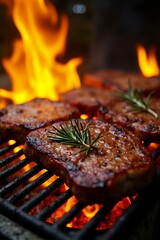 Aromatic rosemary-topped steaks searing on a hot barbecue grate with vibrant flames licking the delicious grilled meat