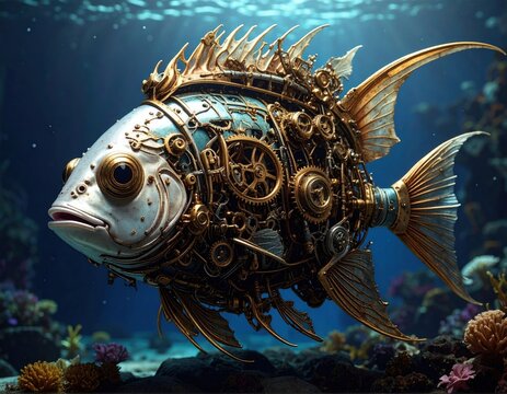 Surreal steampunk fish swims amidst coral, mechanical details