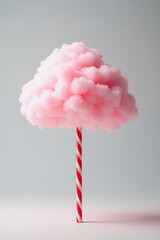 Pink cotton candy on a red and white striped straw.