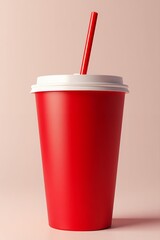Vibrant red disposable beverage cup with a contrasting white lid and a bright red straw, perfectly ready for a refreshing drink on a clean, light background