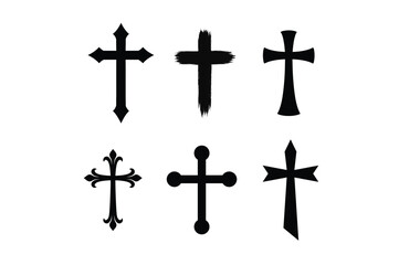 Christian Cross Outline and Solid Silhouette Icon Set