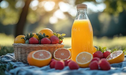 Refreshing picnic scene featuring vibrant fruits and fresh squeezed orange juice
