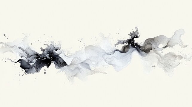 A dynamic abstract composition featuring swirling black and white ink patterns that resemble smoke or liquid flowing across a pale background. - Powered by Adobe