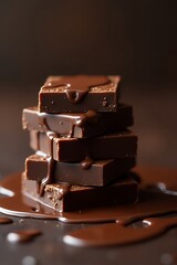 Stacked chocolate squares with melted chocolate dripping down delicious dessert.