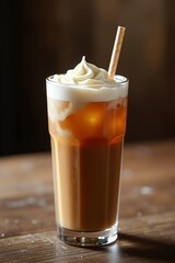 Tall glass of iced coffee with whipped cream and a straw on a rustic wooden table.
