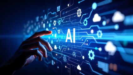 Artificial intelligence hand interacting with data stream and cloud computing concept
