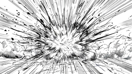 Powerful black and white impact explosion with debris and radial speed lines for graphic design and manga style