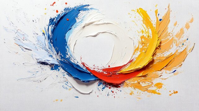 Thick, textured oil paint strokes form a circular, abstract design with vibrant colors on a white background.