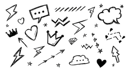 Dynamic hand-drawn doodle set featuring lightning bolts, speech bubbles, hearts, crowns, arrows, and stars on a clean white background