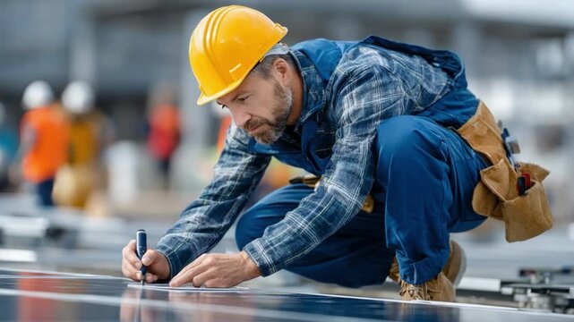 Precision in Industry: A focused construction worker diligently marks measurements on metal, highlighting the precision and attention to detail required in industrial processes. 