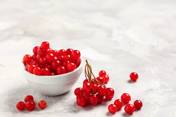 Bowl with fresh viburnum berries on grey background