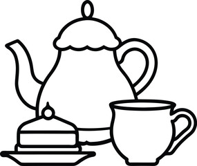 British Afternoon Tea Set Line Art with Transparent Background