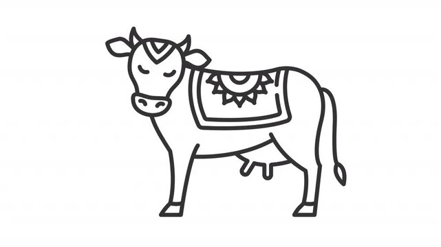 Sacred animal line animation. Religious cow animated icon. Hindu culture. Holy cow. India traditions. Shaking head, moving tail. Outline element on white background. HD video with alpha channel