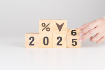 2025 to 2026 New year with percentage change to UP and Down arrow. Interest rate, GDP, stocks market, financial, deflation and Inflation, mortgage, debt, Loan and Economic Recession