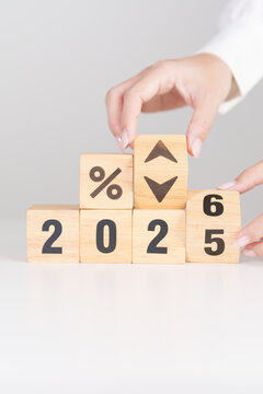 2025 to 2026 New year with percentage change to UP and Down arrow. Interest rate, GDP, stocks market, financial, deflation and Inflation, mortgage, debt, Loan and Economic Recession