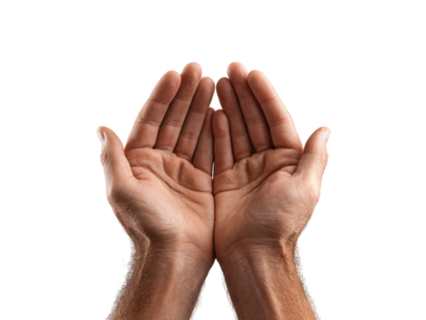 Open palms cupped together showing skin texture and fingers against a dark background hands, Isolated, Png Transparent Background