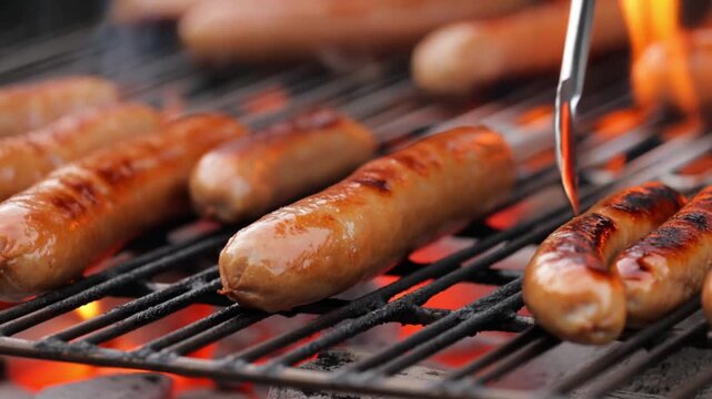 Close-up of grilled sausages cooking on a barbecue grill. The sausages are browning and sizzling Stock Video