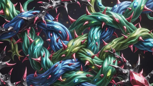 Abstract artwork of intertwined vines with thorns, fantasy or surreal concept, artistic design