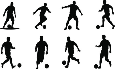 Set of soccer football player silhouette ball vector icons, athlete kicking, dribbling, running, sports action collection, black illustration.