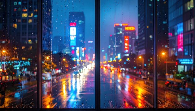View through a window of a rainy city street at dusk (1) - Powered by Adobe