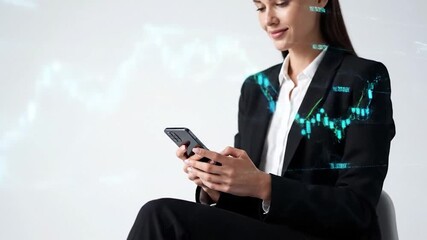 Professional in suit, reviewing phone, with overlaid data visualization elements - Powered by Adobe
