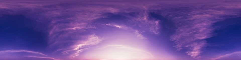 Sunset sky with bright glowing pink Cirrus clouds. Seamless spherical HDR 360 panorama. Full zenith or sky dome in 3D, sky replacement for aerial drone panoramas. Climate and weather change.