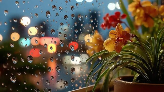 Rainy Window and Blooming Orchid: A serene scene featuring droplets cascading down a windowpane, blurring the vibrant cityscape and framing a pot of blooming orchids in the foreground.