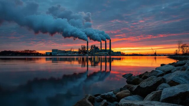 Industrial Sunset Silhouette: An industrial complex, framed against a vivid sunset with plumes of smoke rising into the sky, mirrored in calm waters.
