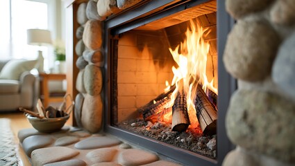 Cozy fireplace with burning logs creates warmth and inviting ambiance