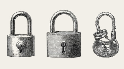 Three Vintage Padlocks Engraving. Antique Security Locks Hand-Drawn Illustration. Retro Old-Fashioned Safety Devices.