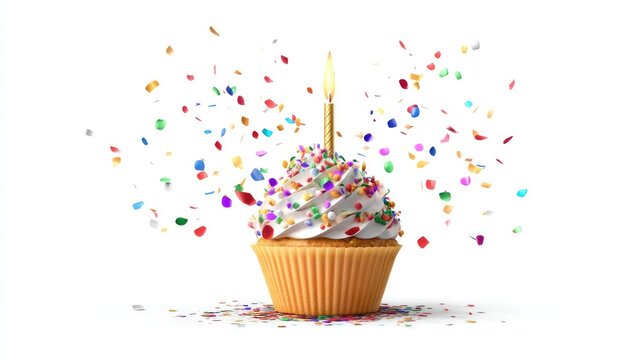 A simple cupcake with glowing candle isolated on white rainbow confetti exploding outward in colorful arcs. Lighting precise