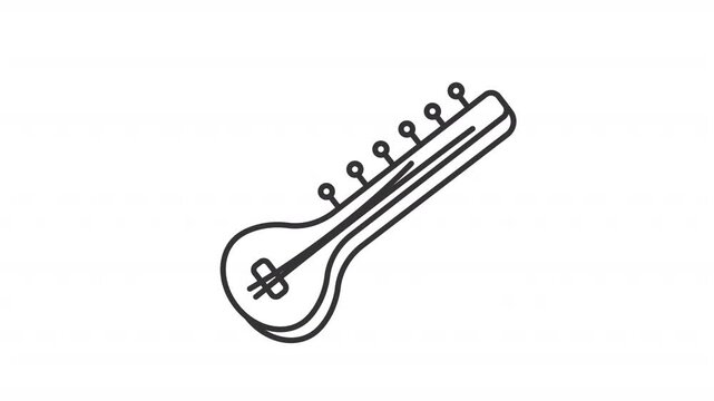 Animated sitar line icon. Indian musical instrument animation. Moving instrument, shaking strings. Indian traditional music. Outline element on white background. HD video with alpha channel