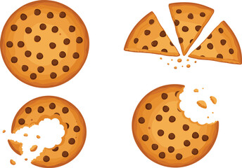 Chocolate Chip Cookie Set Showing Whole, Bitten, and Broken Pieces for Bakery, Dessert, and Snack Vector.