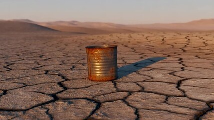 A lone rusty can sitting on cracked earth in a vast desert landscape, symbolizing environmental pollution Stock Video - Powered by Adobe