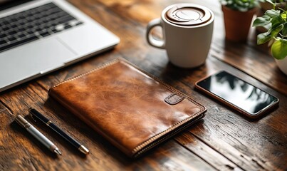 Rustic Wooden Desk with Laptop, Leather Journal, Smartphone and Coffee Mug